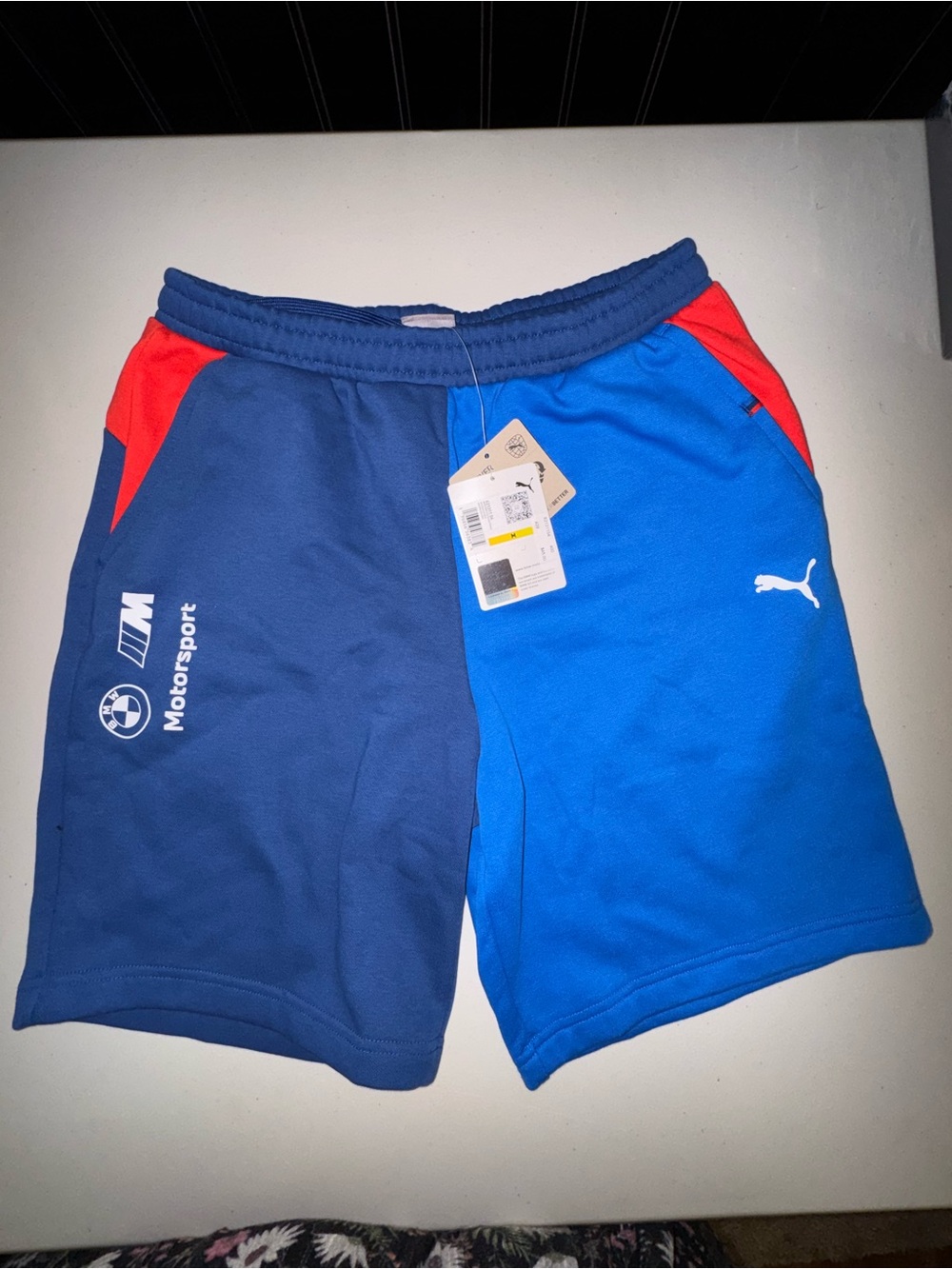 BMW Motorsport Men's Blue and Navy Athletic Shorts with Red Accents